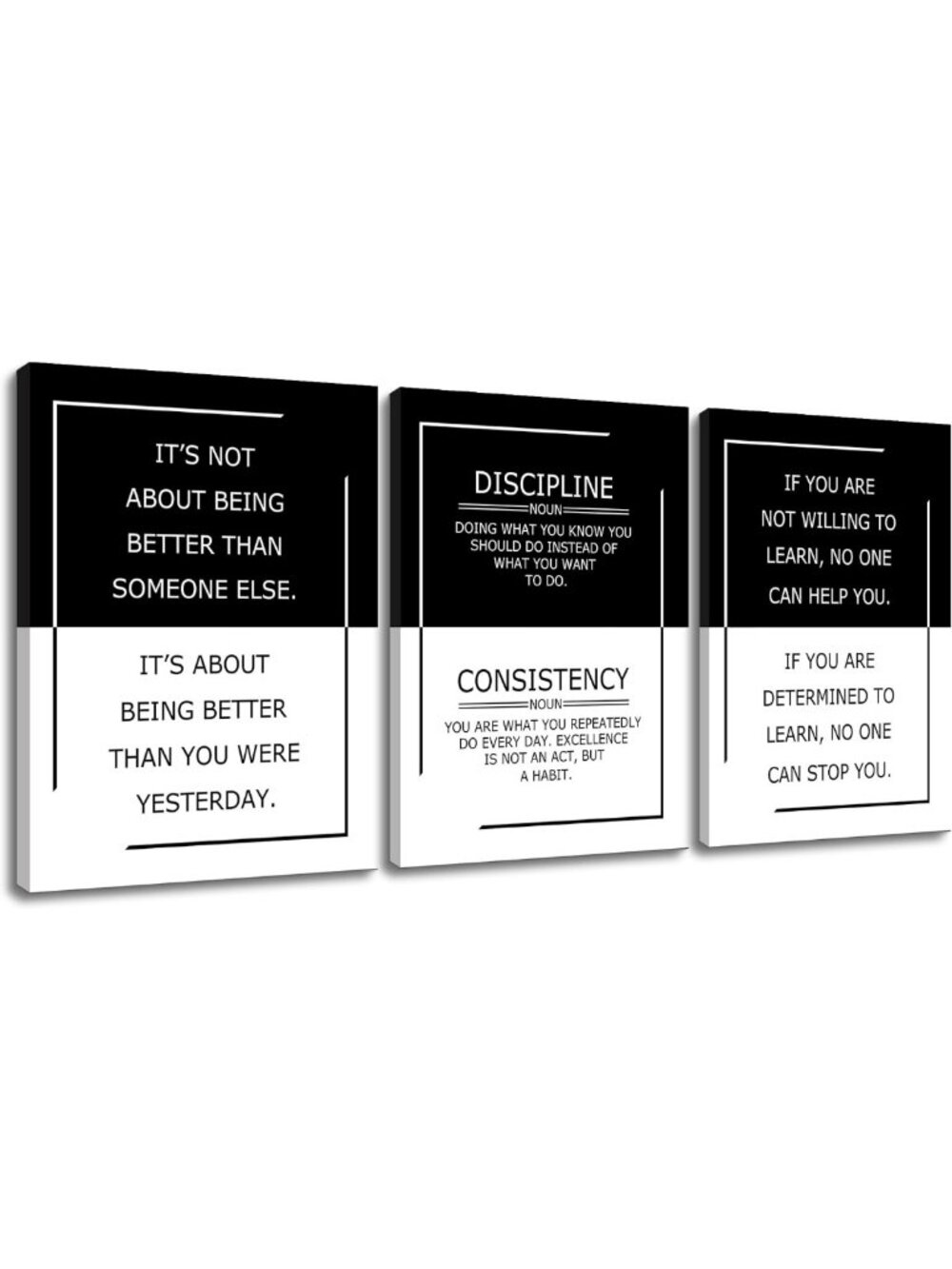 3 Piece Canvas Wall Art Set - Inspirational Growth & Discipline Office Decor